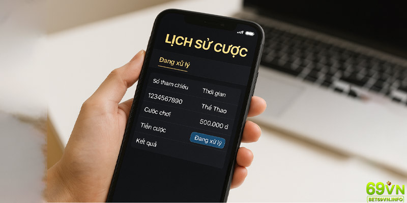 Giao diện lịch sử cược đang xử lý kết quả.
