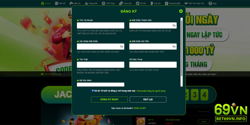 Form đăng ký tài khoản nhanh gọn trên website chính thức của 69VN