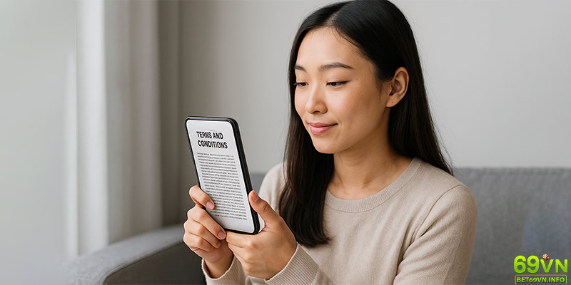 Người chơi đang đọc điều khoản sử dụng trên điện thoại.