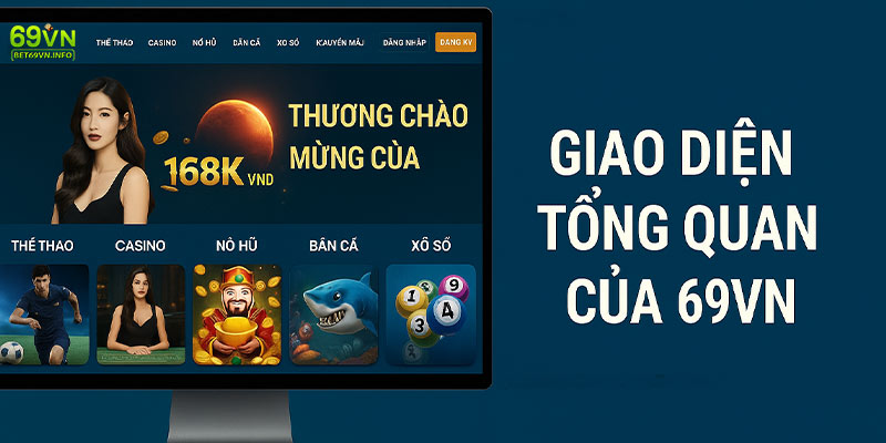 Trang chủ của 69VN hiển thị rõ các chuyên mục chính như thể thao, casino, nổ hũ, bắn cá và khuyến mãi